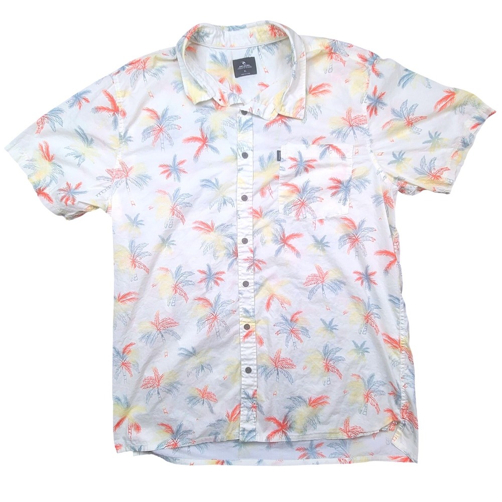 Rip Curl Mens XL Short Sleeve Button Down Palm Tree Tropical Surf Shirt White